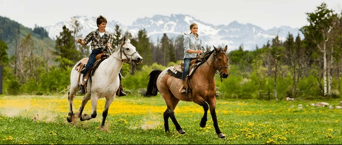 Confident plus-size woman riding Faringdon a horse through a field with a smile on her face.